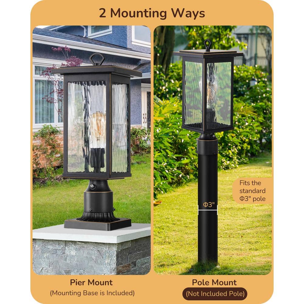 19 in. Larger 1-Light Black Aluminum Dusk to Dawn Outdoor Waterproof Pier Mount Light, with No Bulbs Included - Hercitys