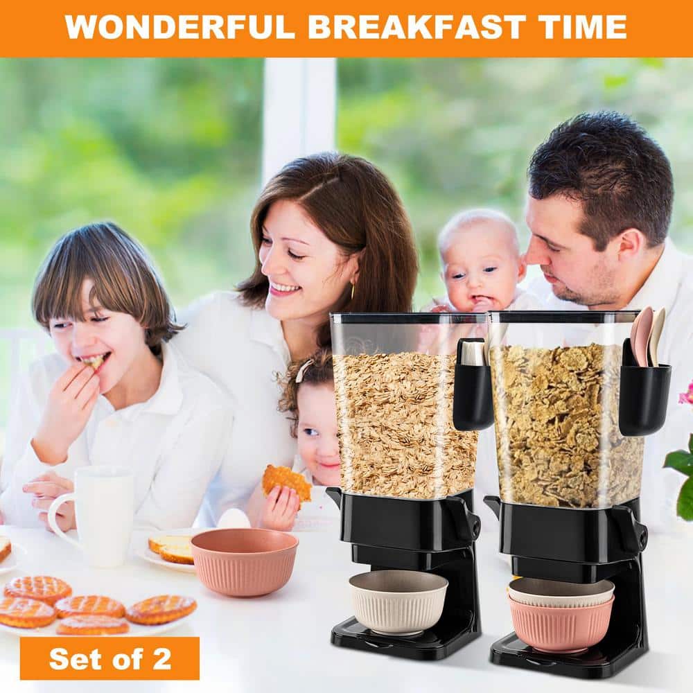 2-Piece Black Dry Food Dispenser, Countertop Cereal Dispenser with Bowls, Spoons and Cutlery Box - Hercitys