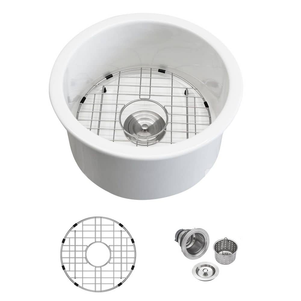 18 in. White Fireclay Round Single Bowl Undermount Drop-in Bar Sink with Grid and Drain - Hercitys