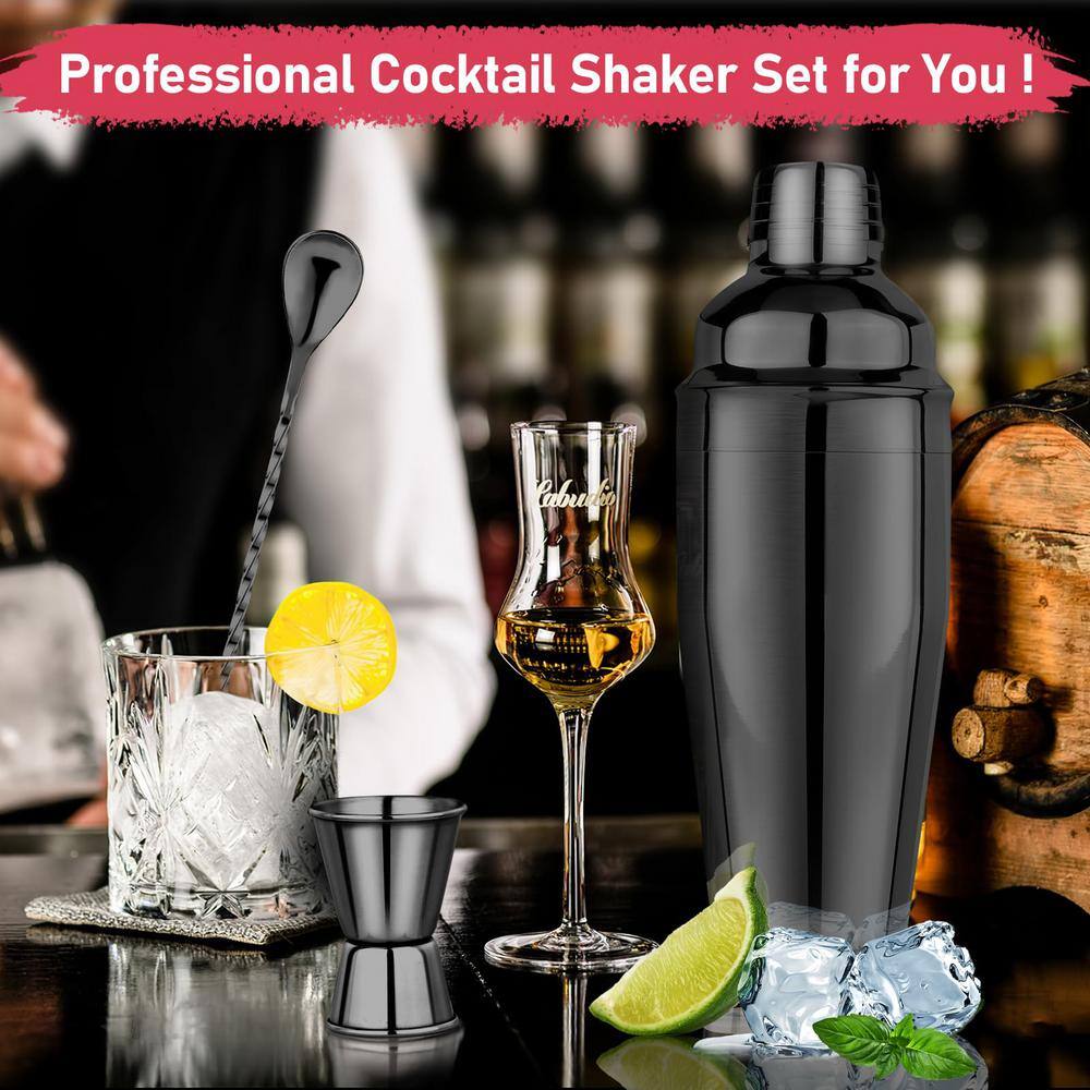 3 in 1 25 oz. Black Stainless Steel 1-Piece Cocktail Shaker with Measuring Jigger and Mixing Spoon - Hercitys