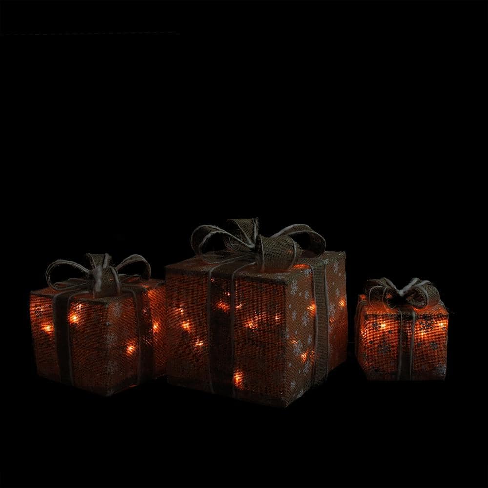11.75 in. Christmas Outdoor Decorations Lighted Natural Snowflake Burlap Gift Boxes (3-Pack) - Hercitys