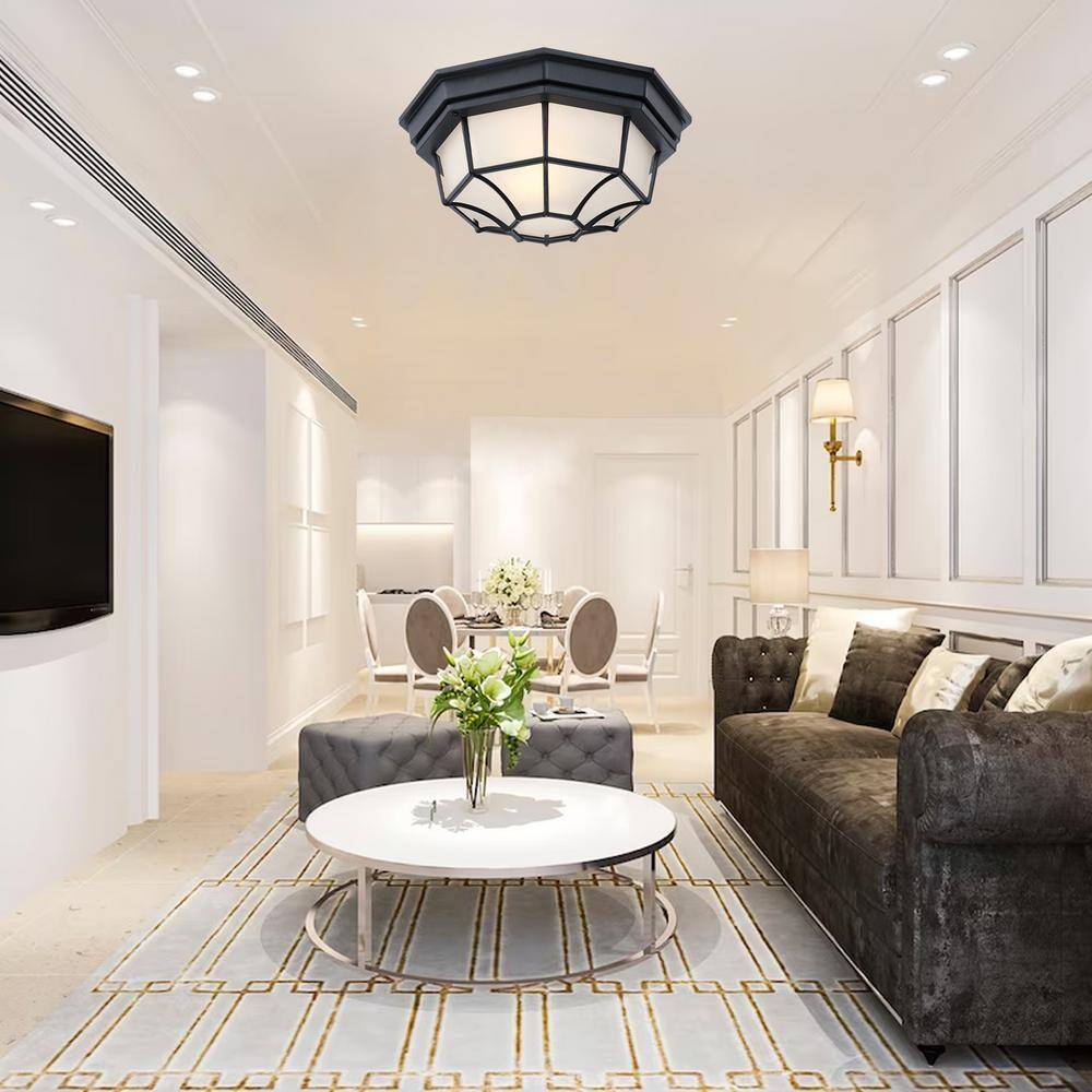 11.42 in. 1-Light Black Standard Bowl Flush Mount with Frosted Glass Shade - Hercitys