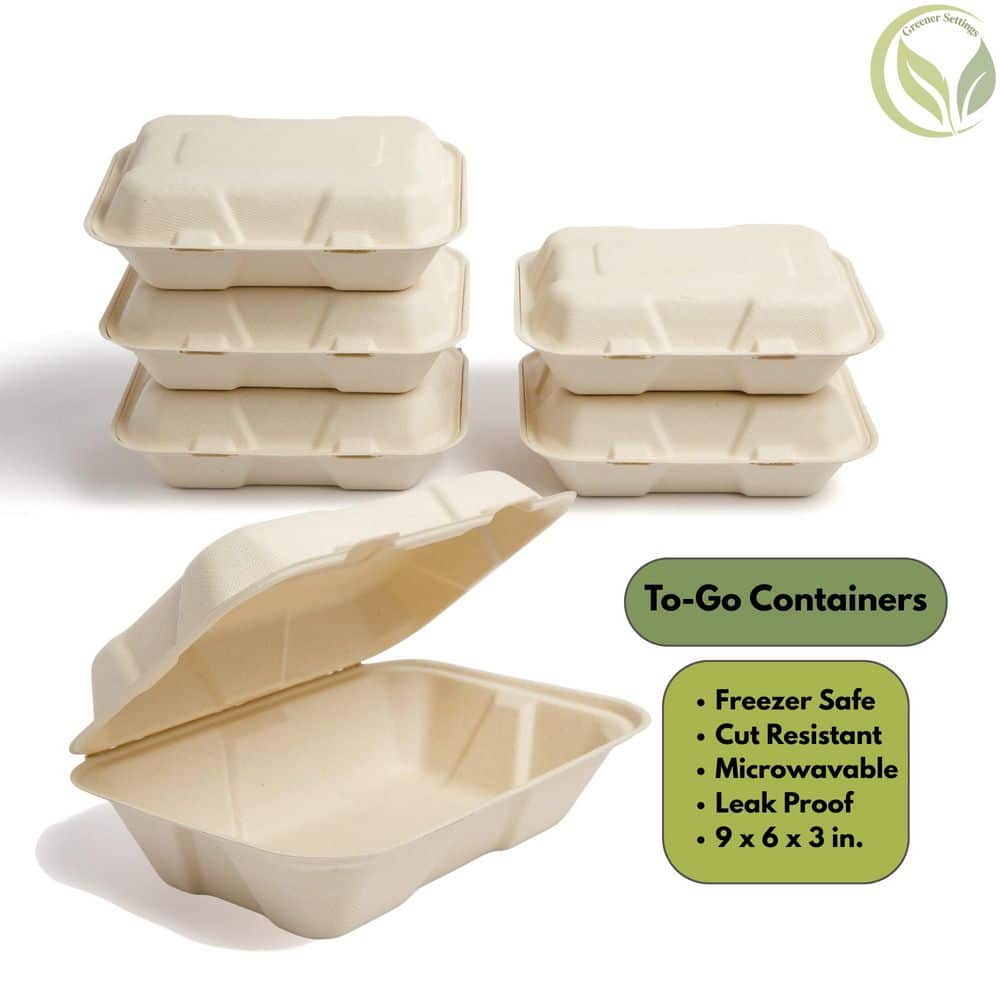 100% Compostable Paper Take-Out Container 9 in. x 6 in. Clamshell [75-Pack] - Hercitys