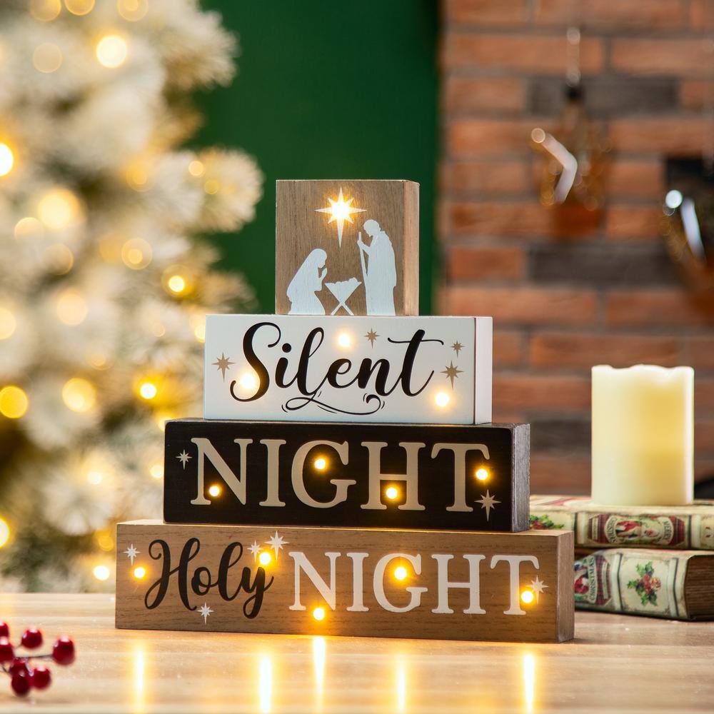 12 in. H Lighted Wooden Nativity Block Word Sign - Hercitys