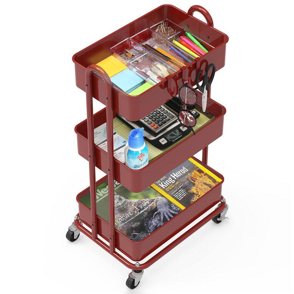 3-Tier Metal -Wheeled Utility Cart in Red - Hercitys