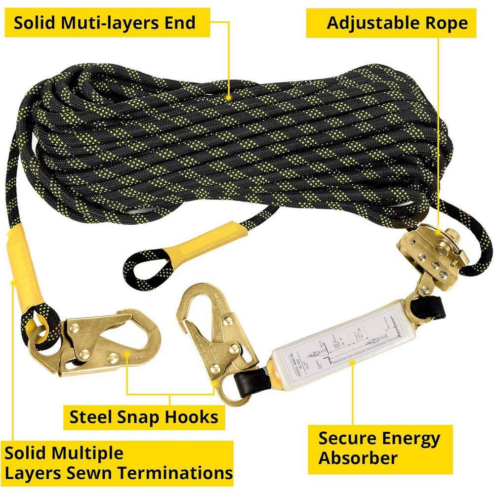 25 ft. Rope Harness Safety Lanyard with Grab Snap Hooks Shock Absorber Heavy Duty Roof Safety Equipment - Hercitys