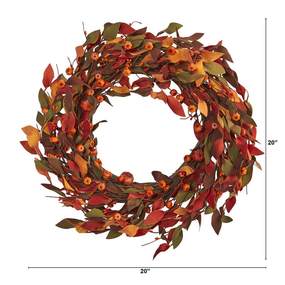 20 in. Harvest Leaf and Mini Pumpkin Artificial Wreath - Hercitys
