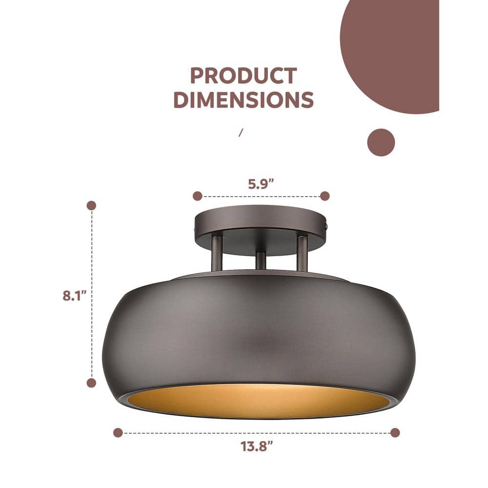 13.8 in. 1-Light Oil Rubbed Bronze Semi-Flush Mount with Metal Shade and No Bulbs Included - Hercitys