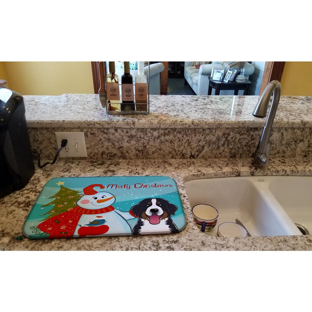 14 in. x 21 in. Multicolor Snowman with Bernese Mountain Dog Dish Drying Mat - Hercitys