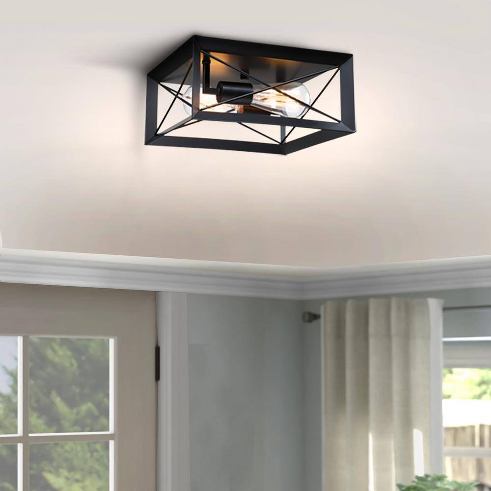 2-Light 12 in. Square Flush Mount Light Fixtures with Matte Black Finish - Hercitys