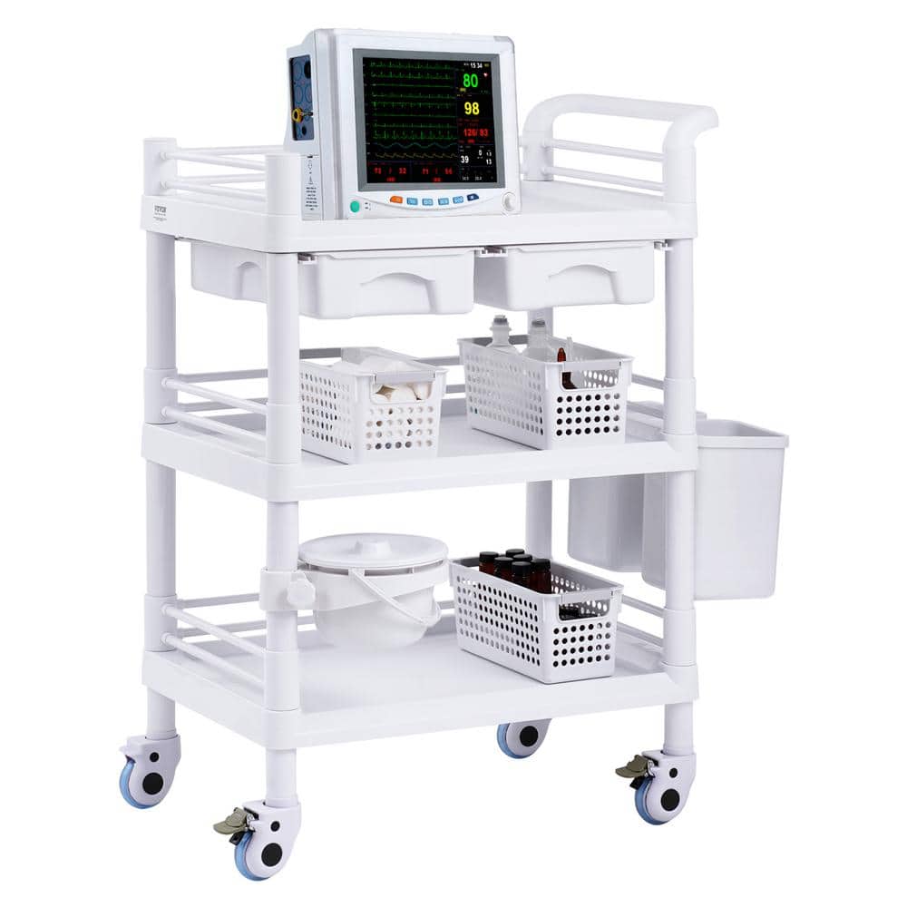 3 Tiers Lab Carts, Lab Utility Cart with 3 Trays & 4 Silent Wheels, Mobile Medical Cart, Lab Cart White Kitchen Cart - Hercitys