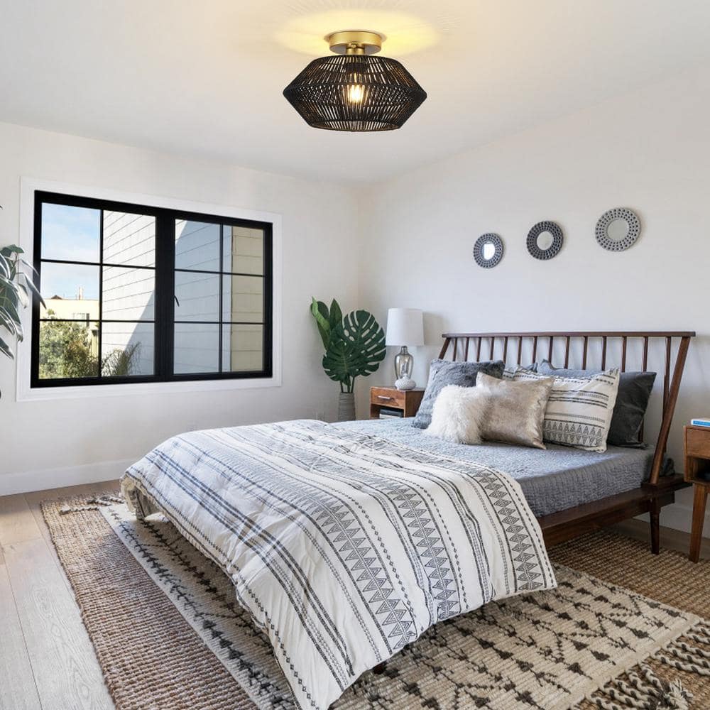 12.59 in. 1-Light Gold and Black Metal Semi-Flush Mount Light with Imitation Hemp Rope Shade and No Bulbs Included - Hercitys