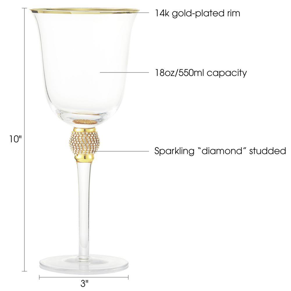 (Set of 2) Luxurious Rose and White 18 oz. Wine Glass with Dazzling Rhinestone Design and Gold Rim - Hercitys