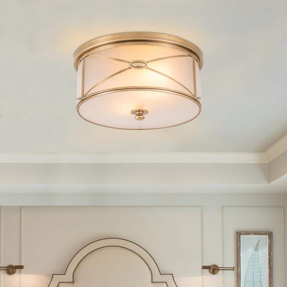 11.75 in. 2-Light Brass Flush Mount with Frosted Glass Shade and No Bulbs Included 1-Pack - Hercitys