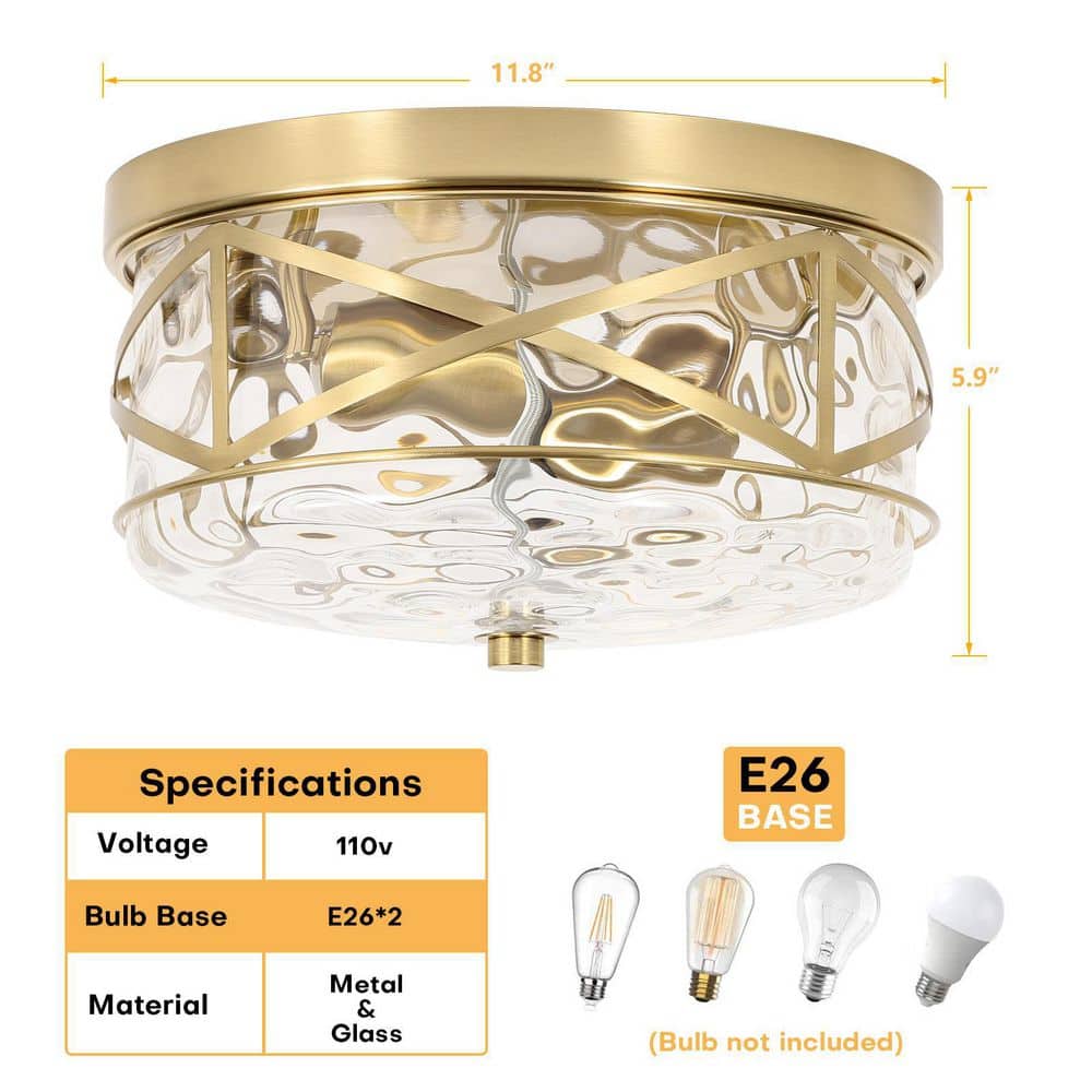 12 in. 2-Light Brass Gold Flush Mount Water Ripple Glass Ceiling Light with Metal Frame - Hercitys
