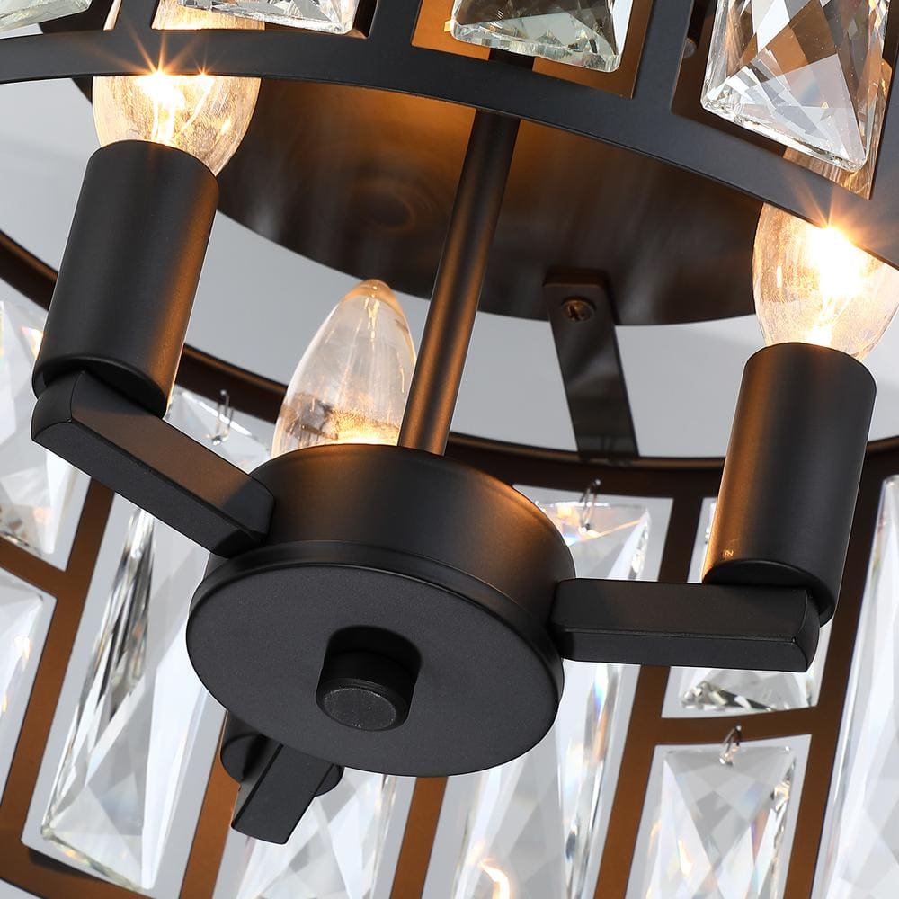 12 in. 3-Light Round Modern Black Drum Flush Mount Ceiling Light with Clear Crystal Shade - Hercitys