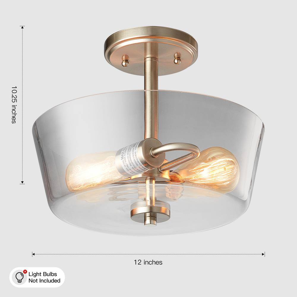 12 in. 2-Light Brushed Nickel Round Semi-Flush Mount, Modern Ceiling Light with Clear Glass Drum Shade - Hercitys