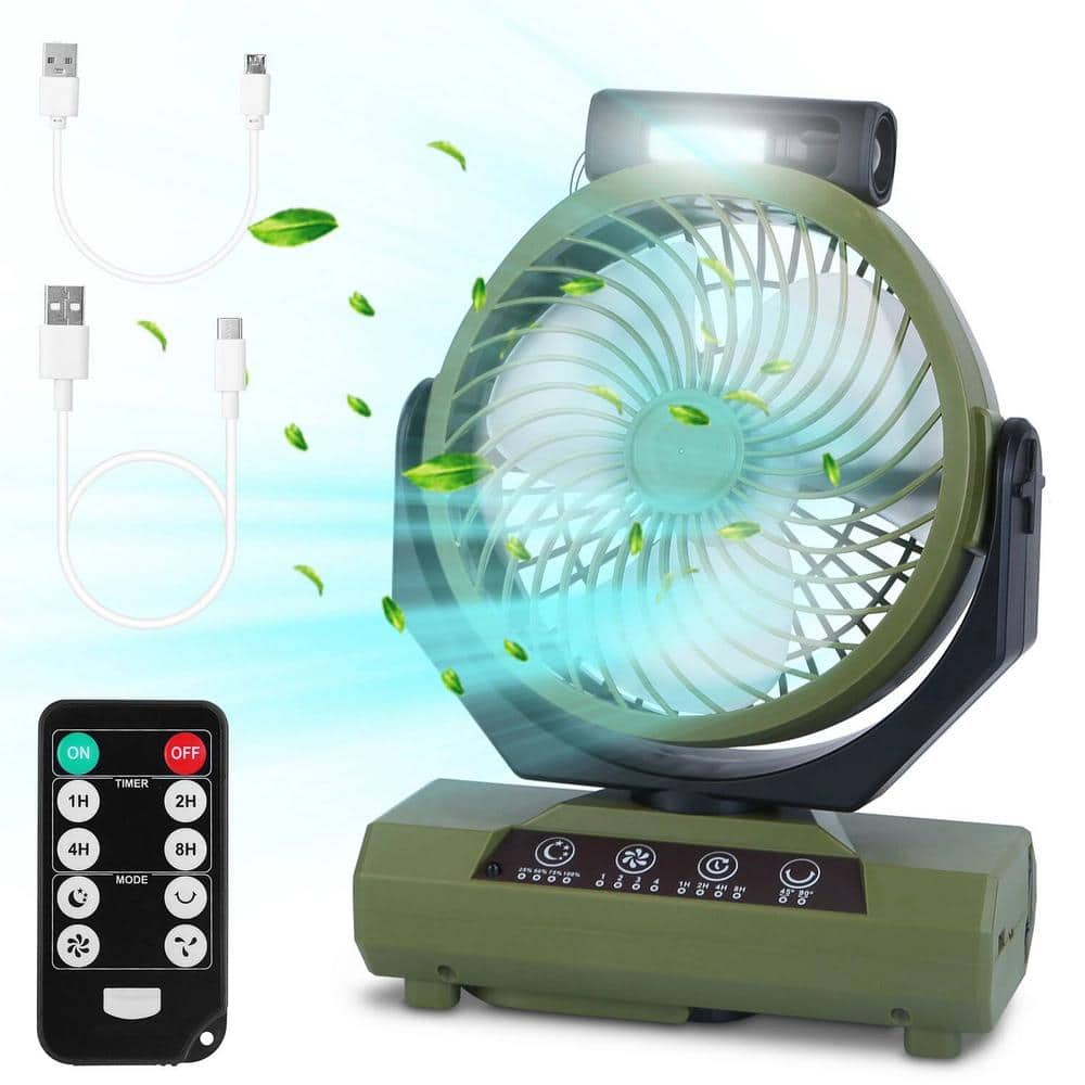 20000mAh 7 in. 4 Fan Speeds Desk Fan in Green with Flashlight Hanging Hook, Remote Control, Power Bank and Timer Speed - Hercitys