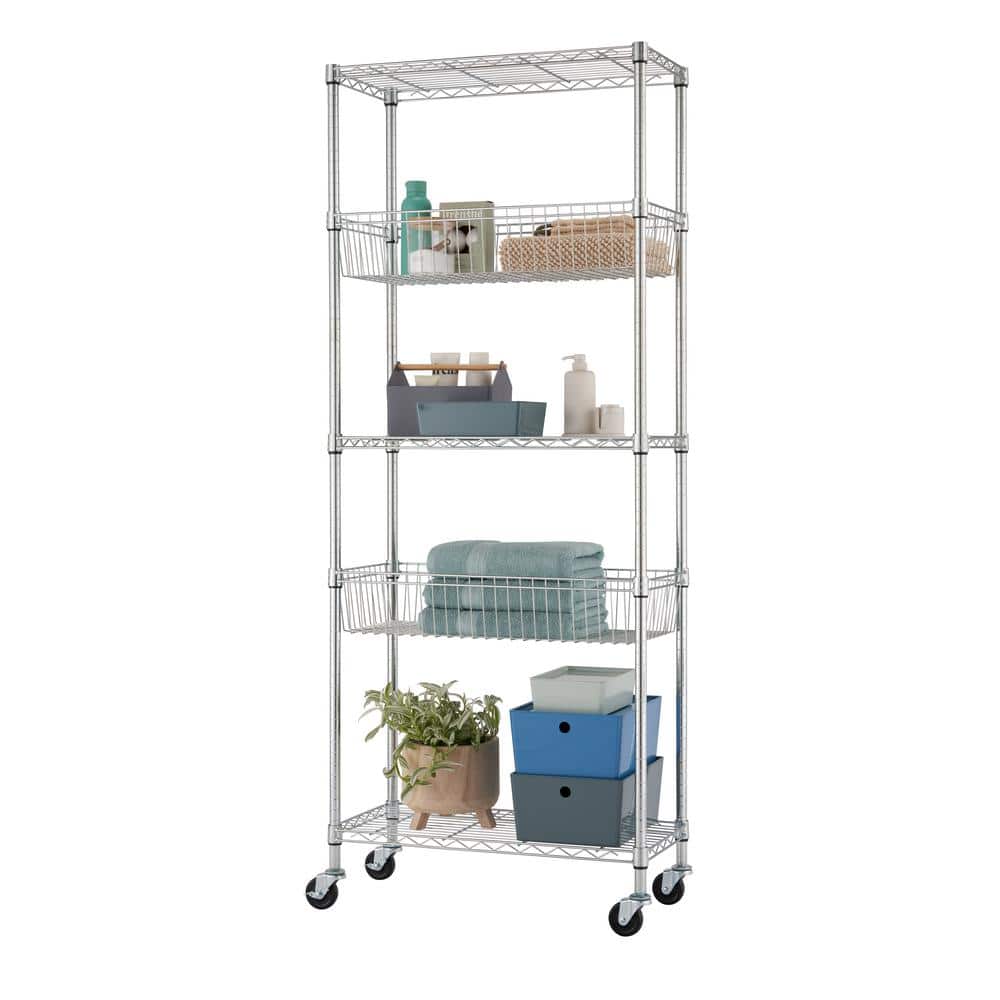 30 in. W x 14 in. D x 72 in. H Eco Storage Chrome 5-Tier NSF Heavy-Duty Wire Shelving with Baskets Wheels - Hercitys