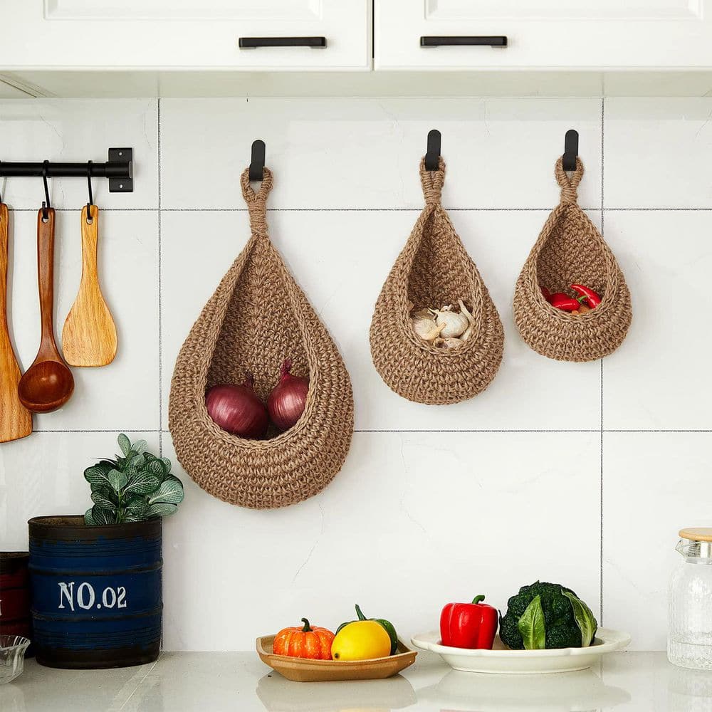 3-Piece Hanging Wall Fruit Basket, Teardrop Hanging Basket, Bohemian Storage, Wall Basket in Linen - Hercitys