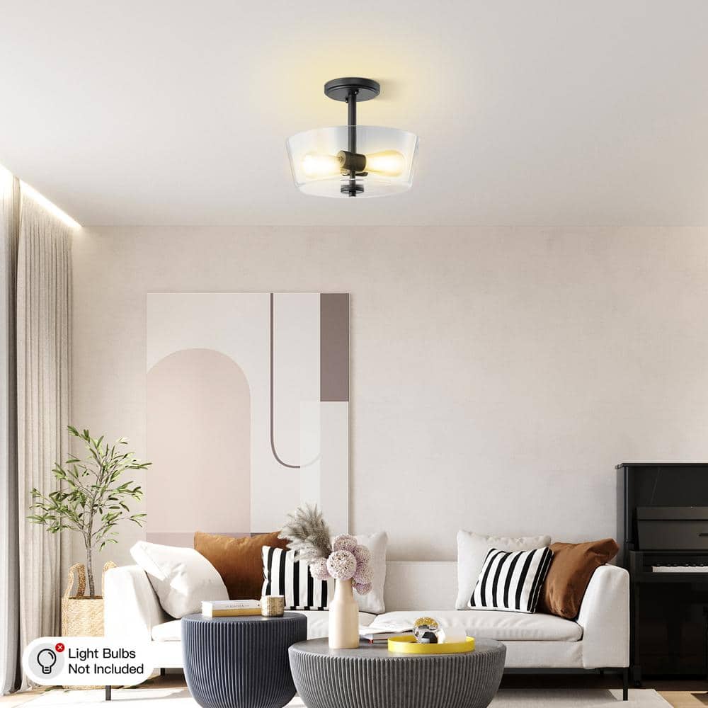 12 in. 2-Light Matte Black Round Semi-Flush Mount, Modern Ceiling Light with Clear Glass Drum Shade - Hercitys