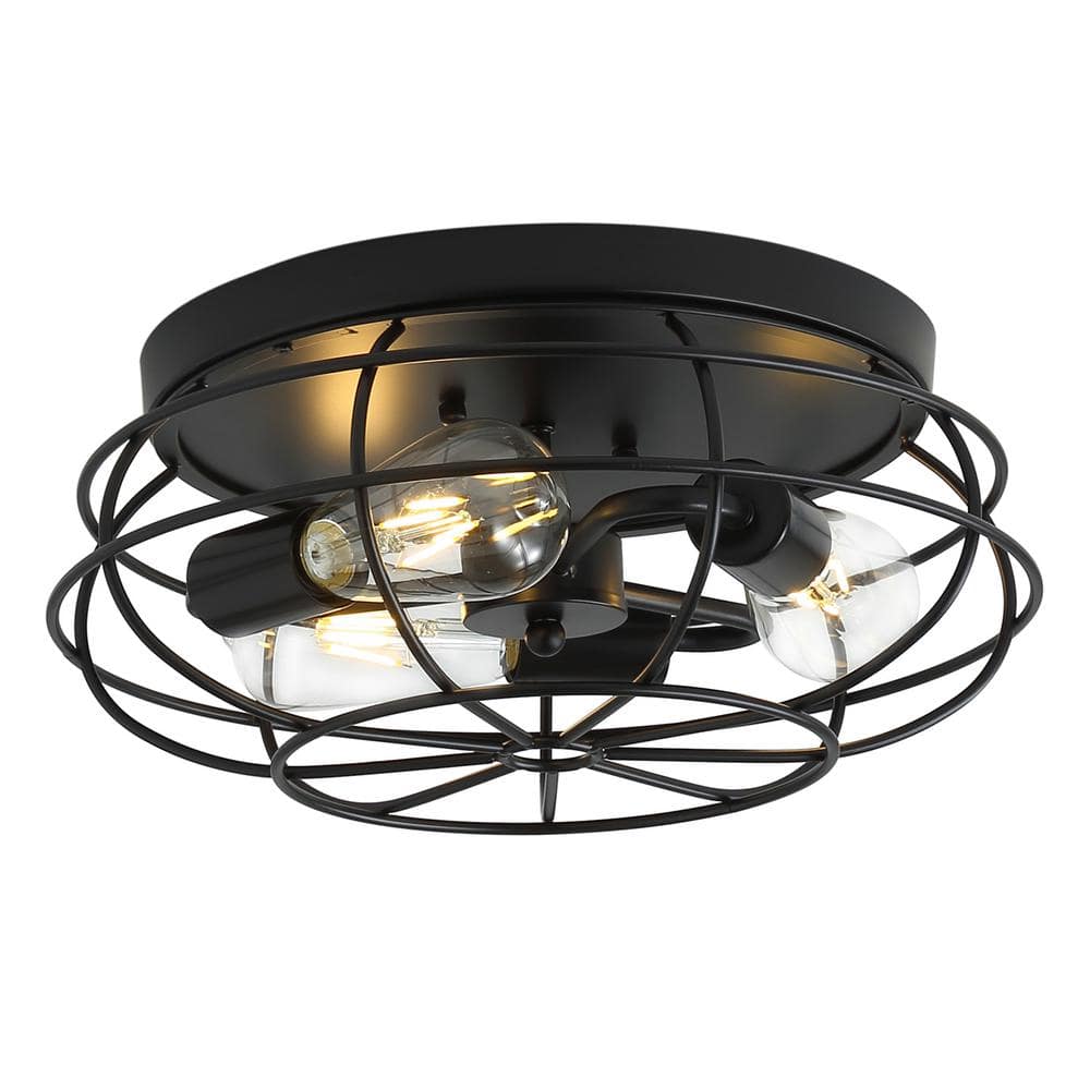 14.6 in. 3-Light Black Farmhouse Vintage Metal Caged Lantern Flush Mount Rustic Drum Ceiling Lighting - Hercitys
