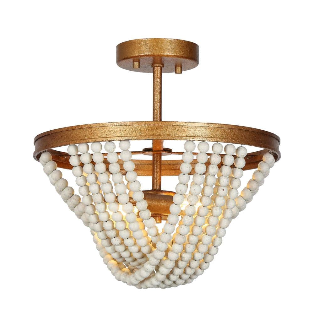 13.8 in. 2-Light Antique Gold Semi-Flush Mount Light with Weathered White Wood Beads - Hercitys