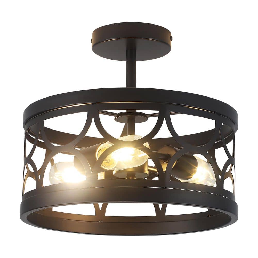 12.6 in. 3-Light Matte Black Round Drum Semi-Flush Mount with Cut-out Metal and No Bulbs Included - Hercitys