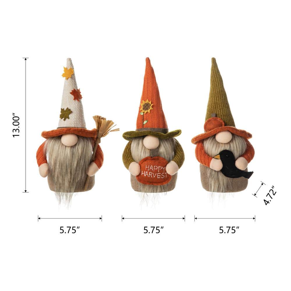 13 in. H Fall Fabric Gnome Tabletop Decor (3-Pack) - Hercitys