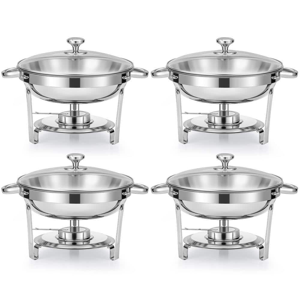 4-Pack 5 qt. Stainless Steel Round Chafing Dishes Buffet Set for Catering Glass Lid Holder - Hercitys