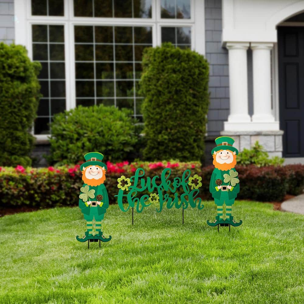 26 in. H Set of 3 St. Patrick’s Metal Leprechaun and LUCK OF THE IRISH Yard Stake - Hercitys