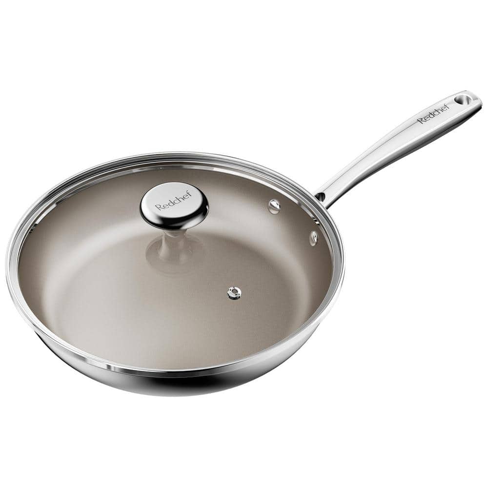 10 in. Stainless Steel Titanium Ceramic Nonstick Coating Frying Pan with Glass Lid and Stainless Steel Stay Cool Handle - Hercitys