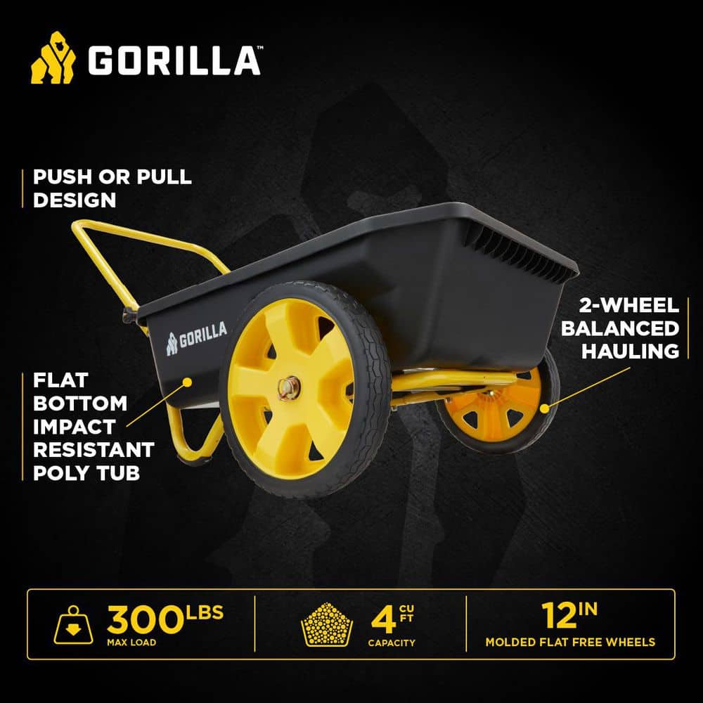 4 cu. ft. Poly Utility Garden Cart, 300 lbs. Capacity, 12 in. No-Flat Tires, Extra-Wide Foldable Handle - Hercitys