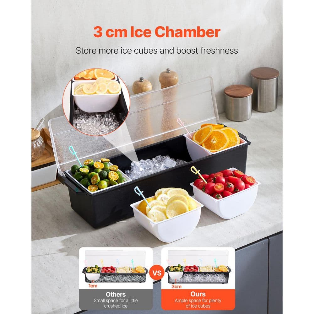 4-Compartment Ice Cooled Condiment Server, Chilled Garnish Tray with Lid, for Bartending, Taco & Salad Serving, Home Use - Hercitys