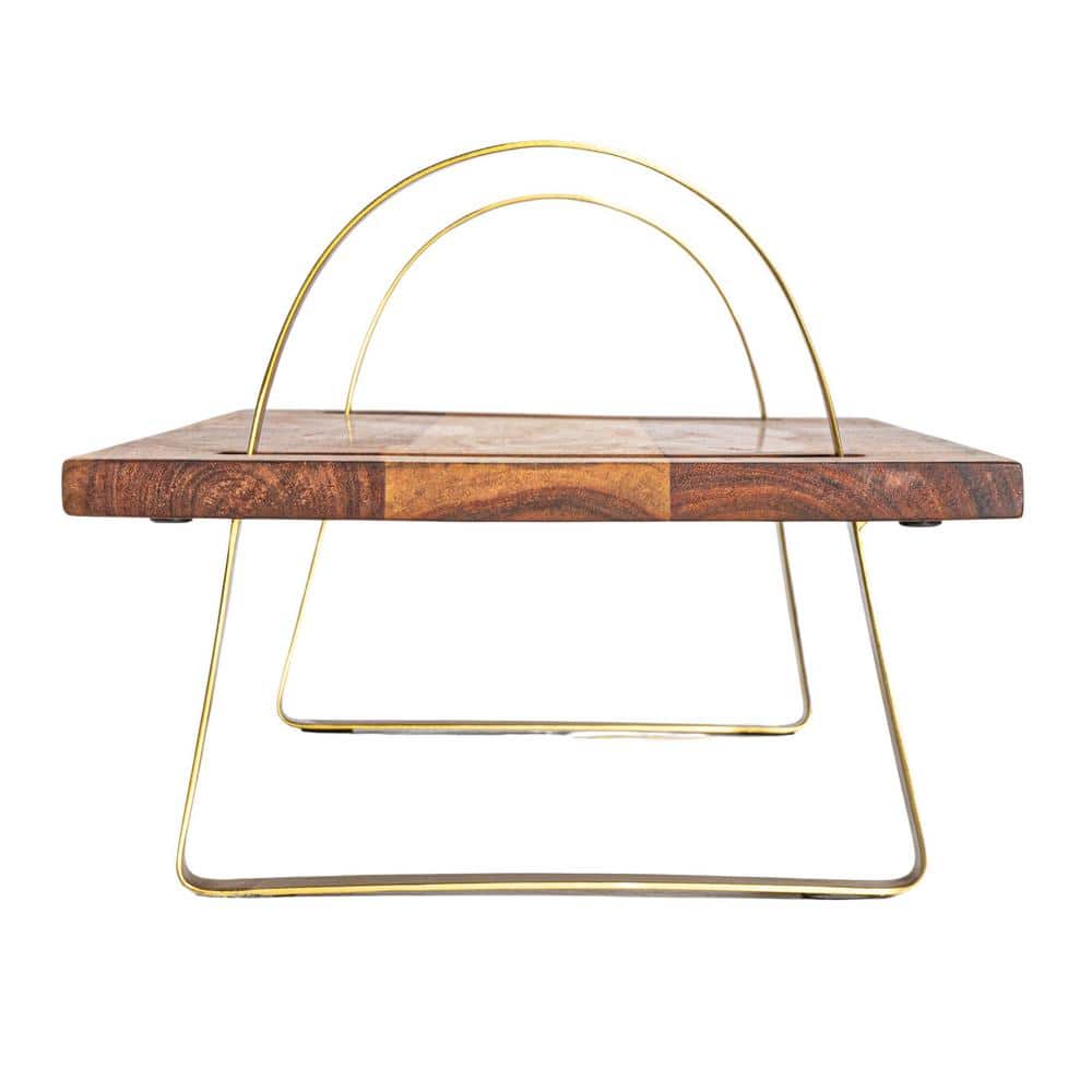 23.5 in. W x 7.9 in. H x 9.9 in. D Rectangle Gold Acacia Wood Serving Tray On Stand (Set of 1) - Hercitys