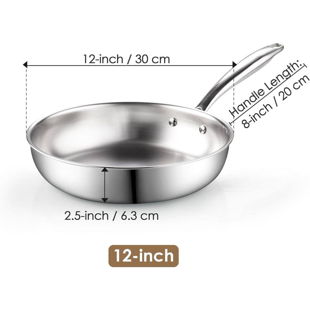 12 in. Tri-Ply All Clad 18/10 Stainless Steel Skillet Frying Pan, Dishwasher Safe, Silver - Hercitys
