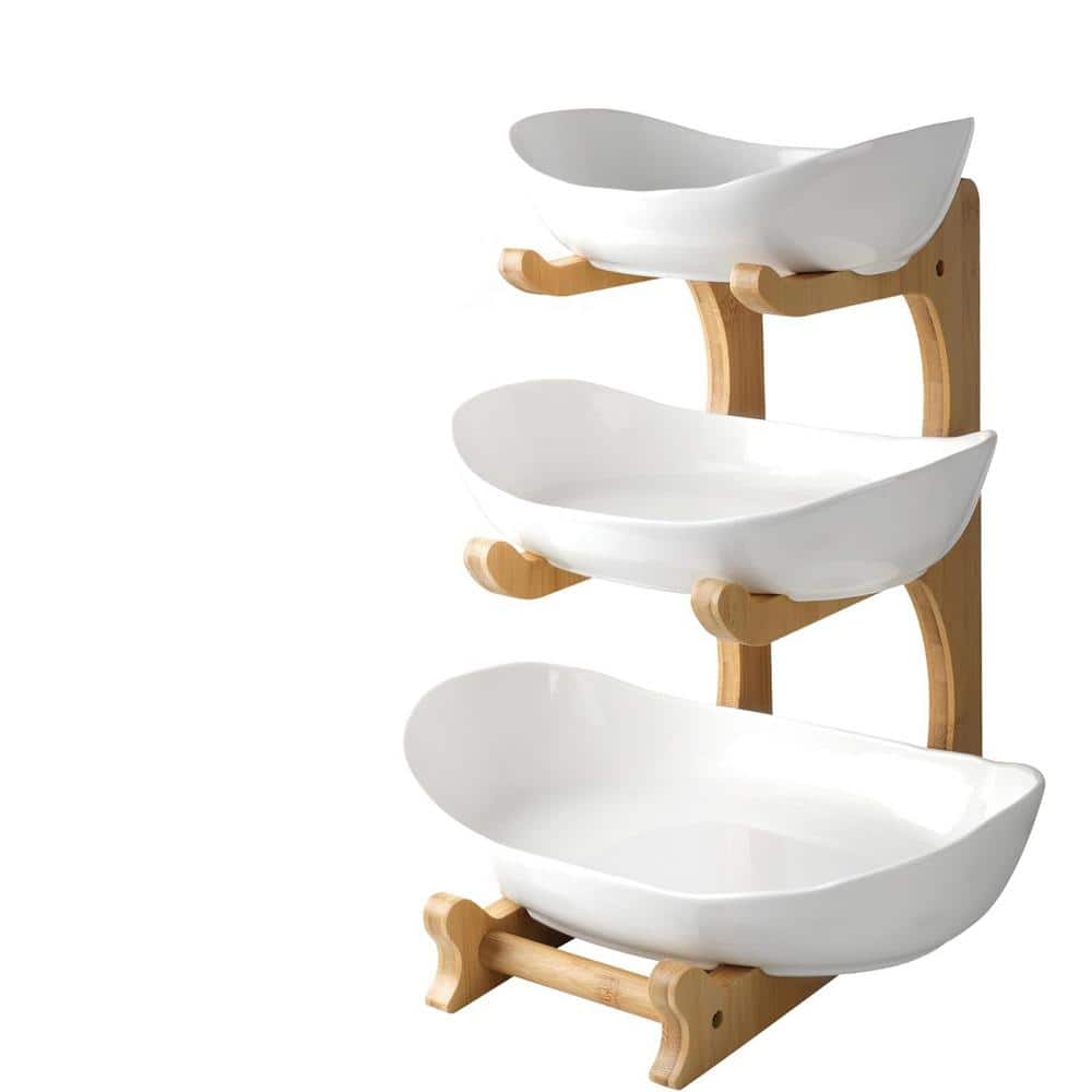 3-Tier Fruit Bowl Ceramic Countertop with Bamboo Stand in White - Hercitys