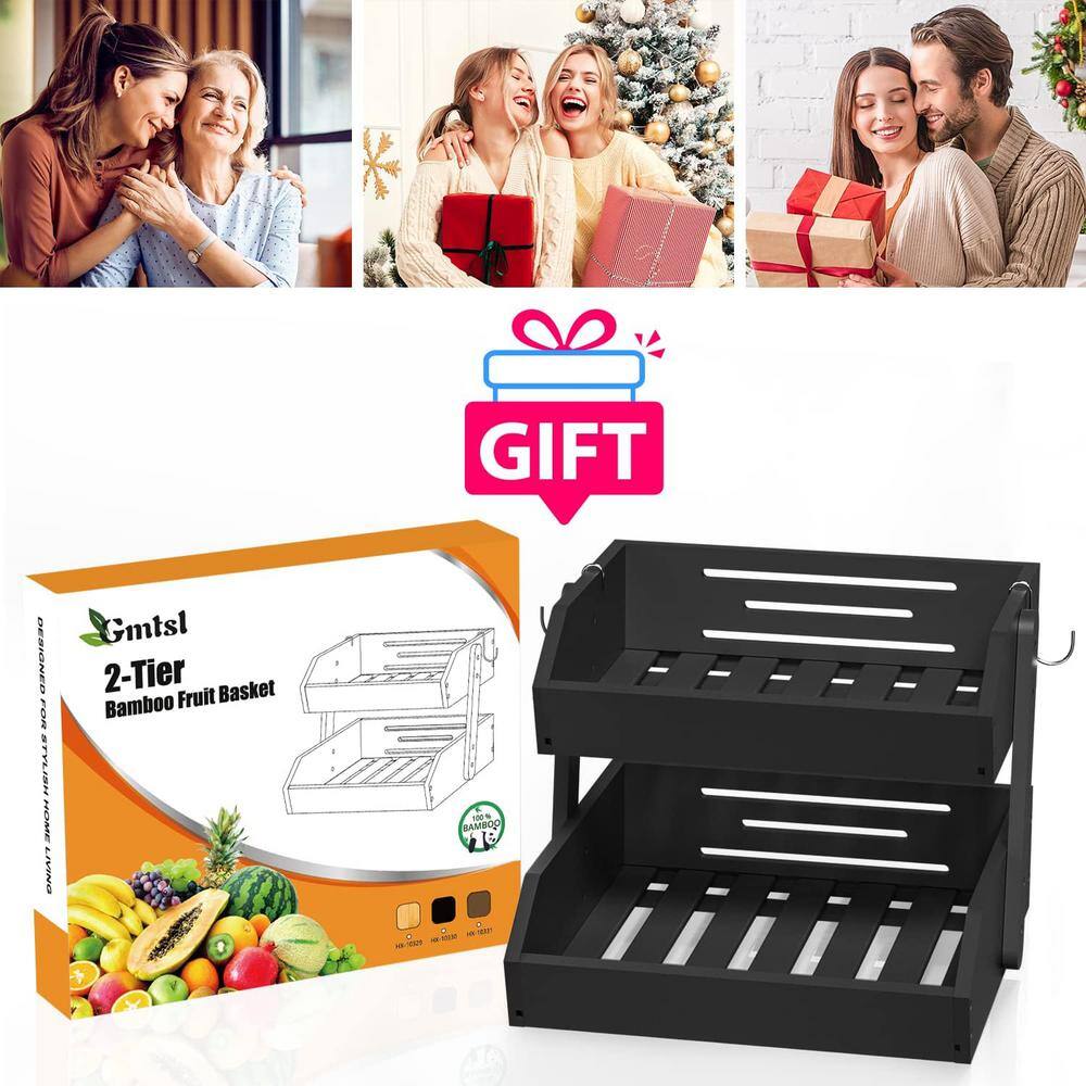 2-Tier Fruit Bowl For Kitchen Counter with 2-Banana Hangers for Fruit and Vegetable Storage in Black - Hercitys