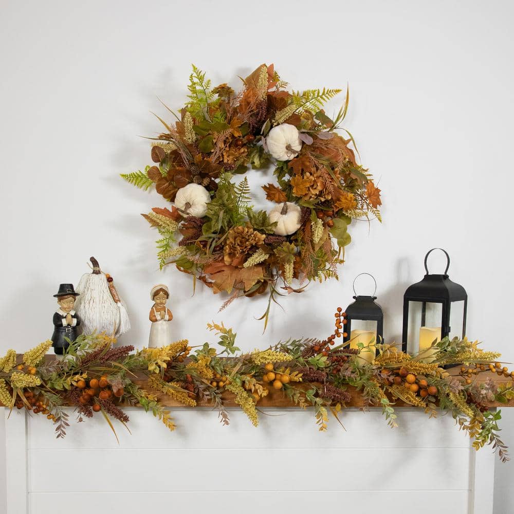26 in. Unlit Pumpkins and Leaves Artificial Fall Harvest Wreath - Hercitys