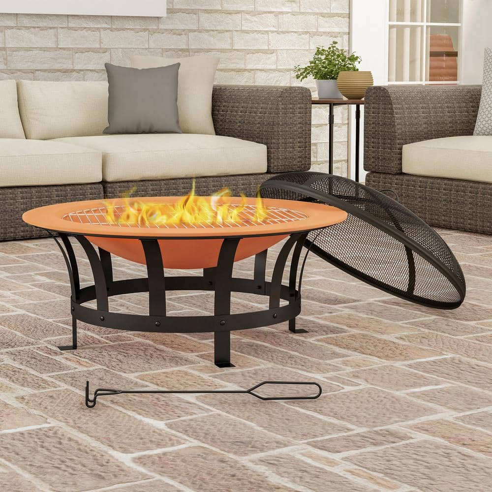 30 in. W x 20 in. H Round Steel Wood Burning Outdoor Deep Fire Pit in Copper/Black with Grilling Grate - Hercitys