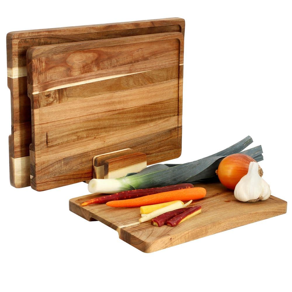 3 Piece Acacia Wood Cutting Board Set with Base - Hercitys