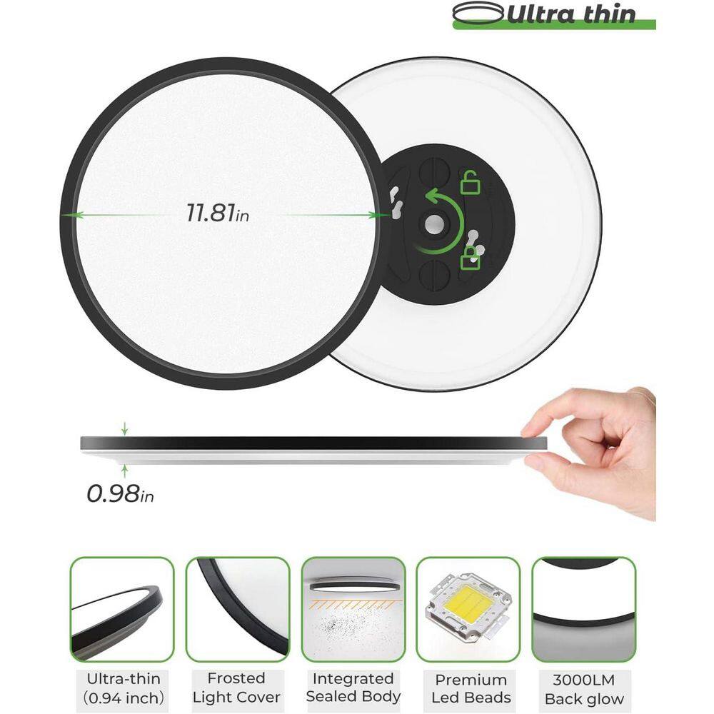 12 in. 28-Watt Black Integrated LED Flush Mount with White Polycarbonate ShadeRound Light Fixture for Bedroom - Hercitys