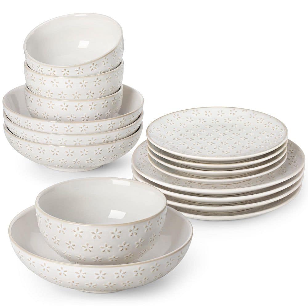 16-Piece White Stoneware Dinnerware Set Service for 4-Embossed Star-shape Floral Pattern Bowls and Plates Set - Hercitys