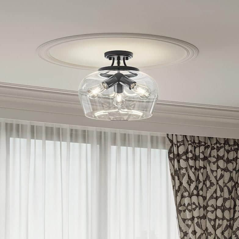 14 in. 3-Light Matte Black Semi-Flush Mount with Clear Glass Shade - Hercitys