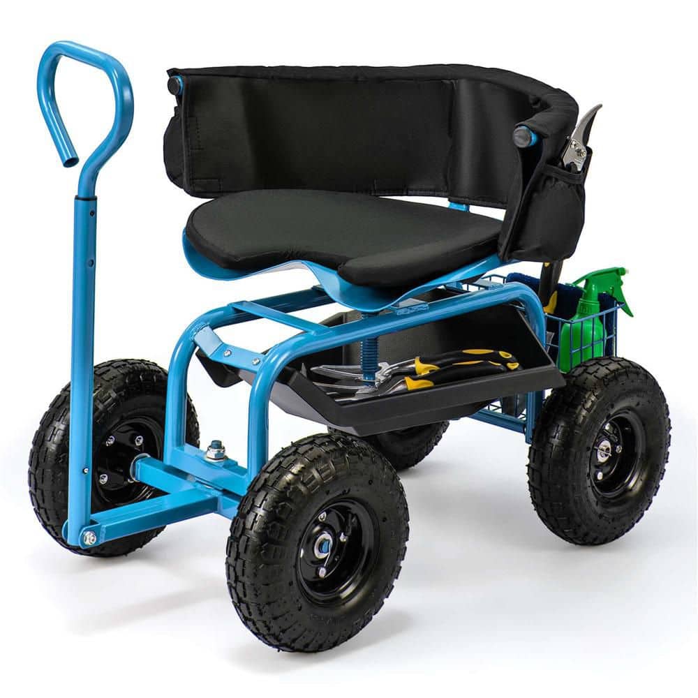 0 cu. ft. Metal Rolling Garden Cart Height Adjustable Scooter with Swivel Seat and Tool Storage Blue - Hercitys