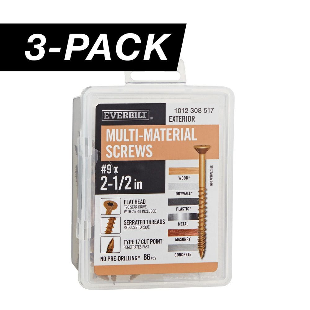 3-Pack #9 x 2-1/2 in. Brown 6-Lobe Star Drive Exterior Flat Head Multi-Material Screw (3 lbs. / 258-Piece) - Hercitys