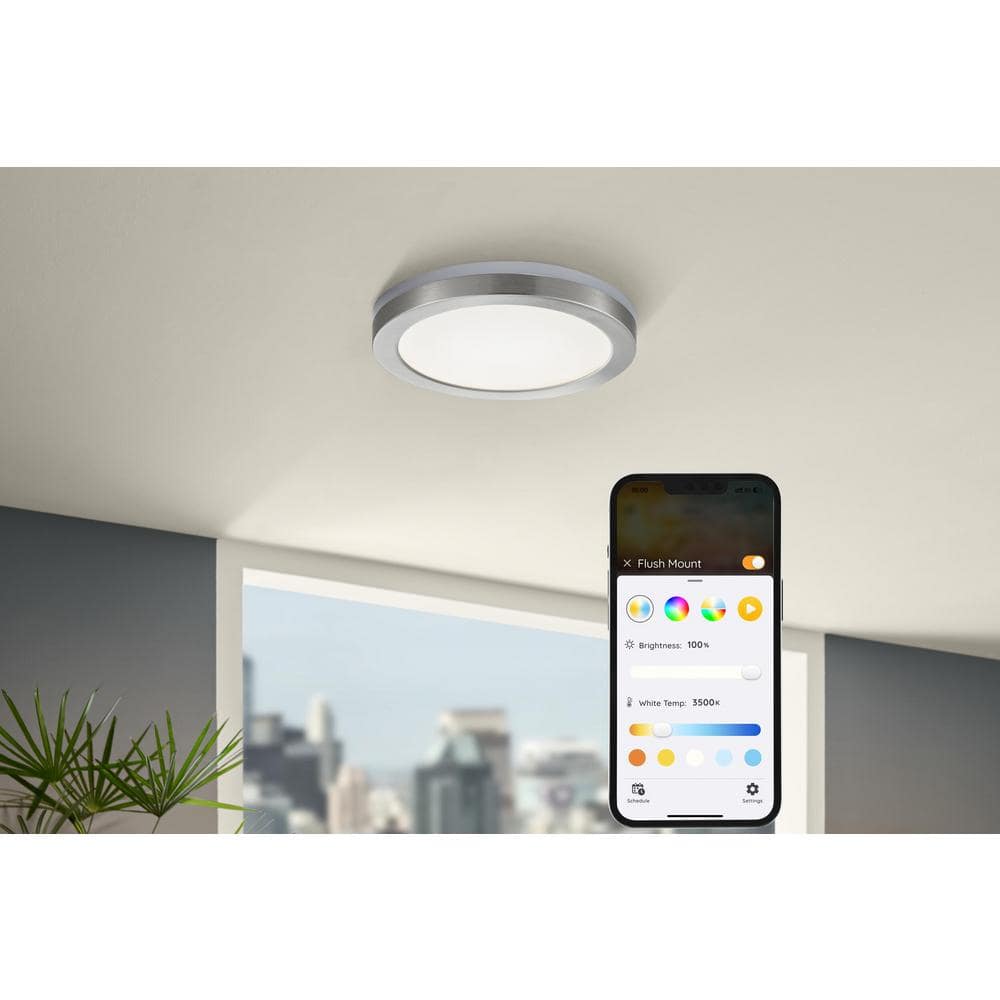 12 in. LED Flush Mount Smart CCT and RGB Selectable Brushed Nickel Finish with Night Light Powered by Hubspace - Hercitys