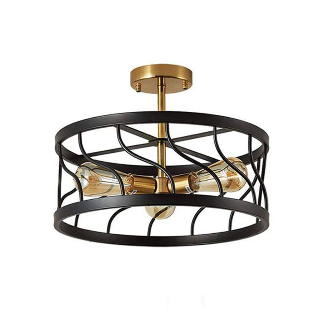 3-Light Black and Gold Semi Flush Mount Ceiling Light,Farmhouse Kitchen Ceiling Light with Drum Cage for Hallway Bedroom - Hercitys