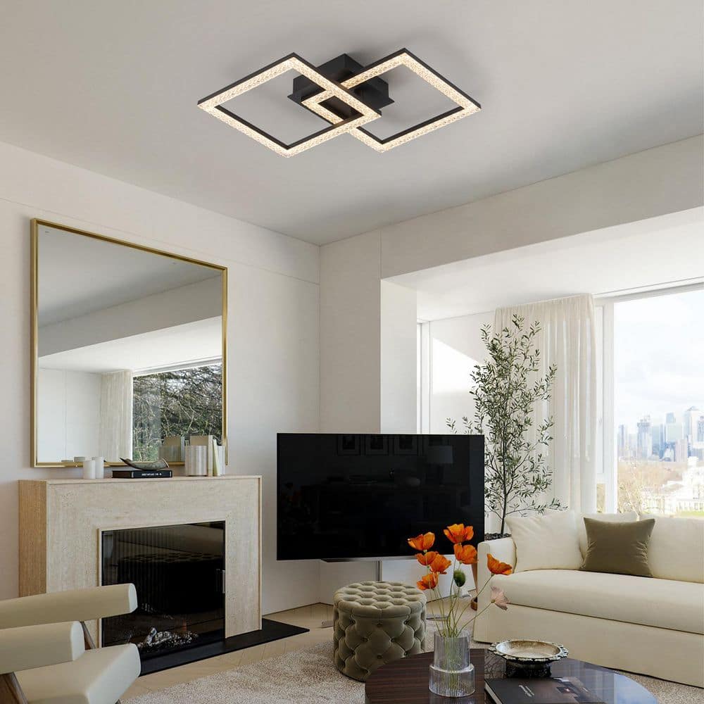 14.17 in. 2-Light Matte black LED Semi-Flush Mount, Modern Crystal Flush Mount Ceiling Light Fixture Squares Chandelier - Hercitys