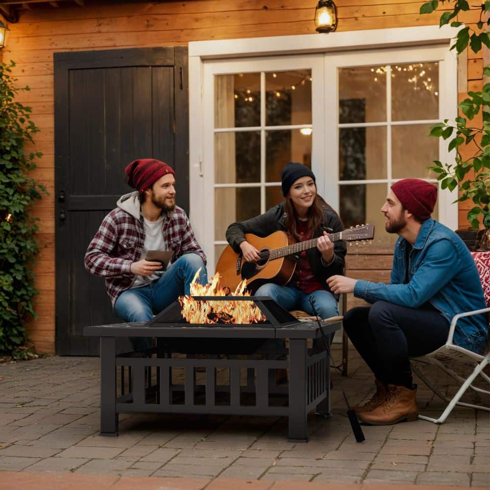 32 in. Outdoor Metal Black Fire Pit with Cover and Poker - Hercitys